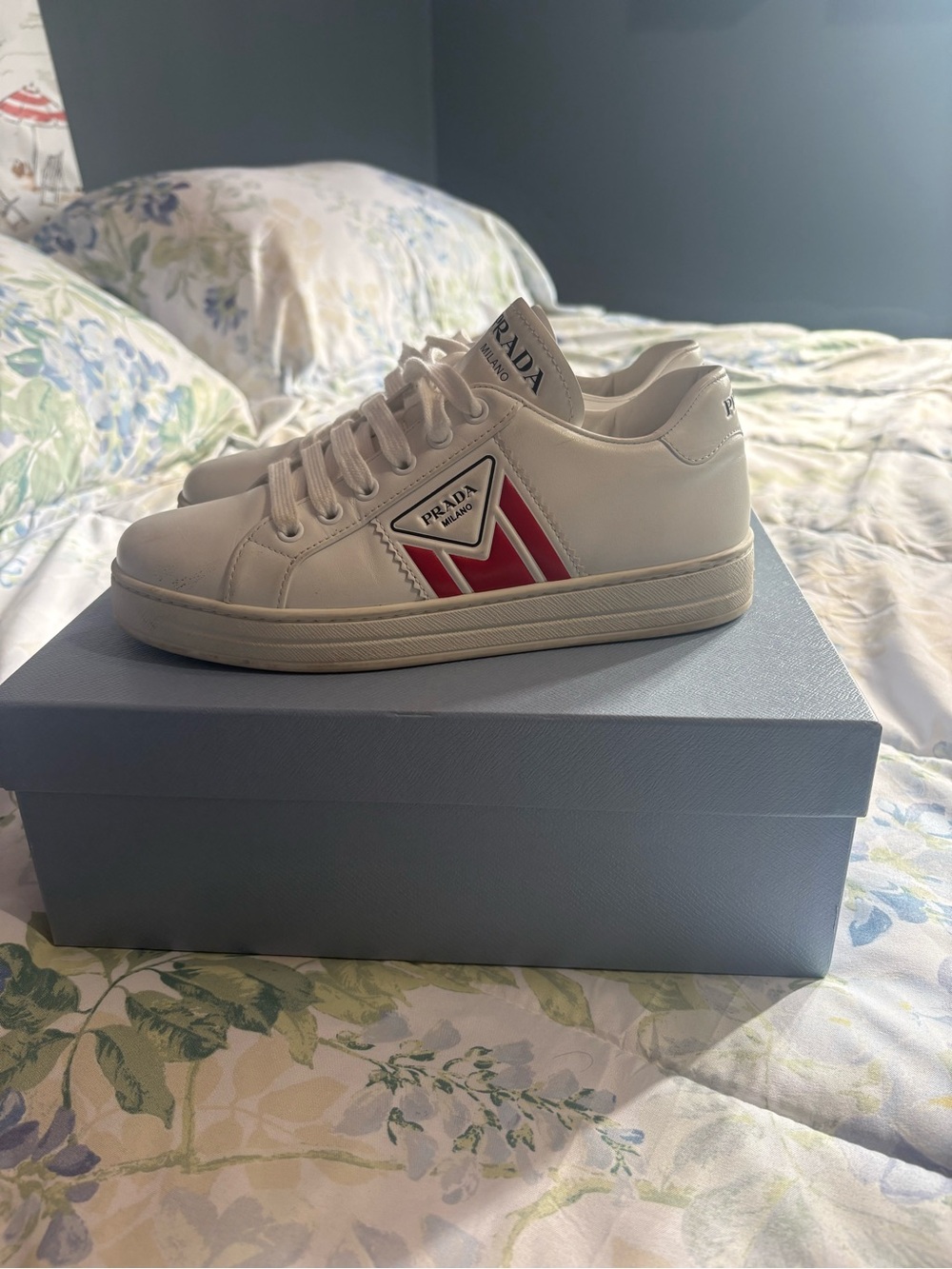 Prada White Leather Sneakers with Red Logo Stripe - Women's